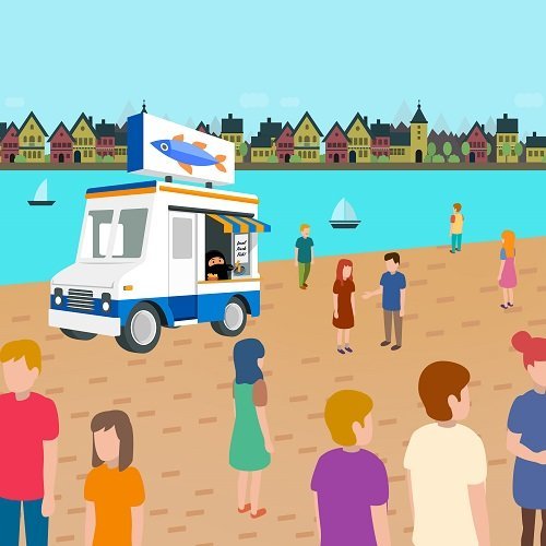 A cartoon ninja running a mobile shop that is open for customers when they need it Cartoon graphic showing a ninja selling fish and chips