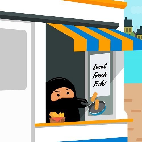A cartoon ninja opening up a mobile van selling fresh fish symbolising being where your customer needs you Graphic of a cartoon ninja selling fresh fish