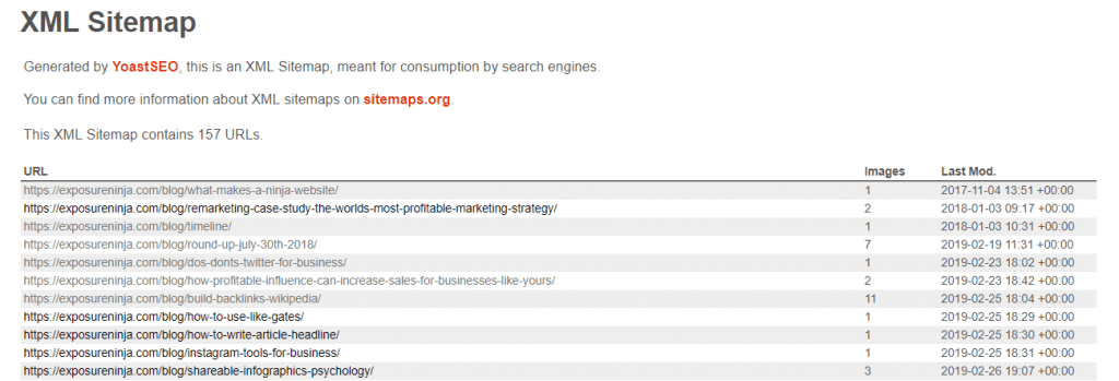 Screenshot of Exposure Ninja's post XML sitemap