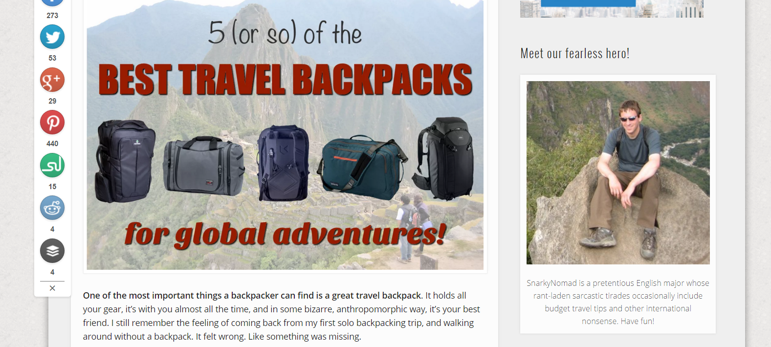 screenshot of Snarky Nomad’s blog on backpacks review