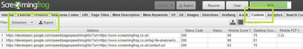 Example step of the bulk PageSpeed Insights process