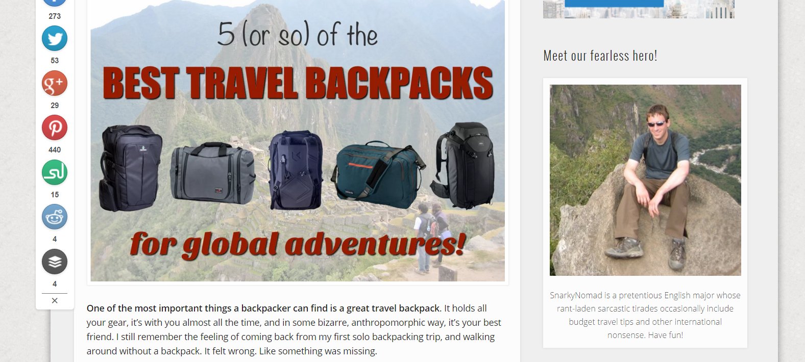 screenshot of Snarky Nomad’s blog on backpacks review