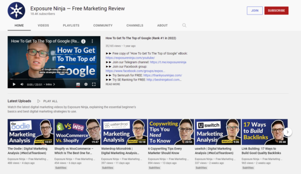 Screenshot of the Exposure Ninja YouTube channel