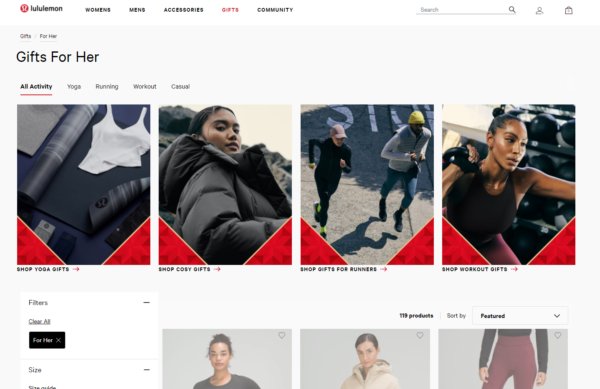 Screenshot of lululemon's gift for her page