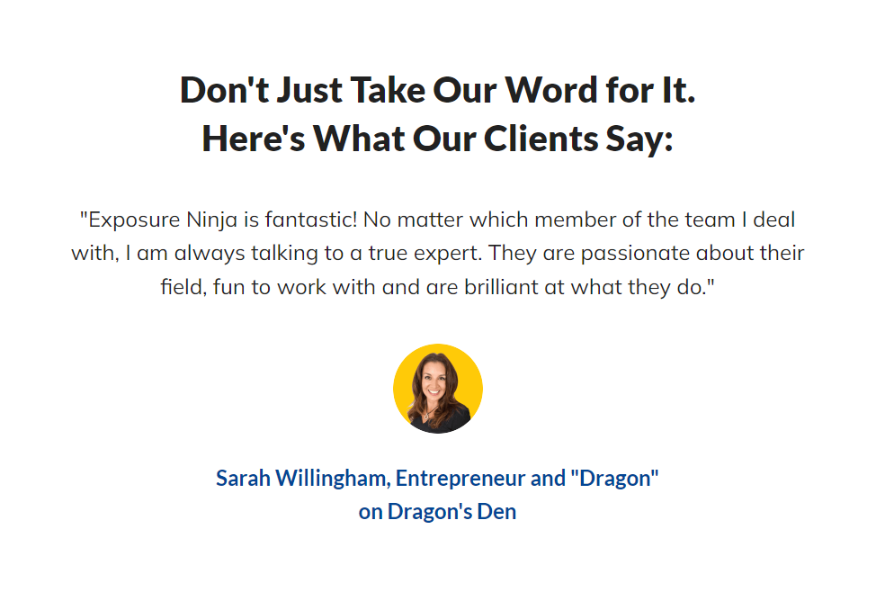 Example of a client testimonial on the Exposure Ninja website