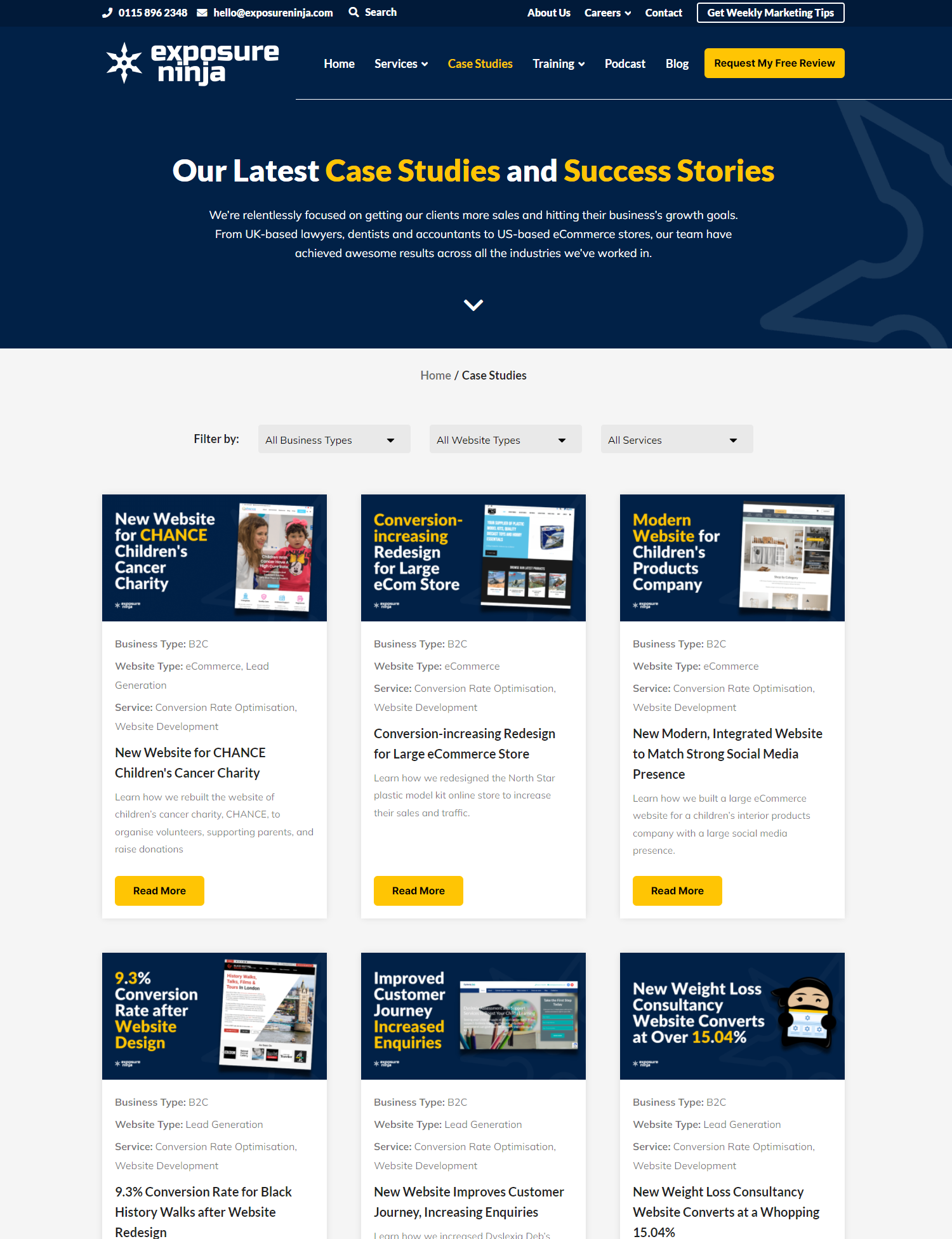Screenshot of Exposure Ninja's Case Studies page
