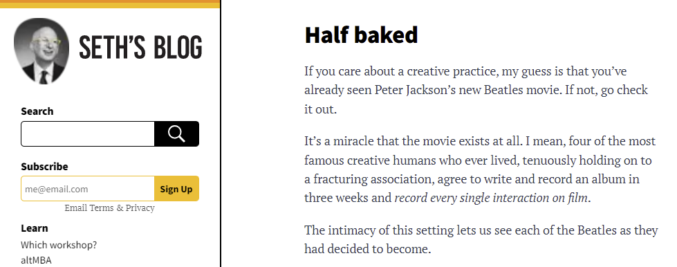 Screenshot of Seth's blog