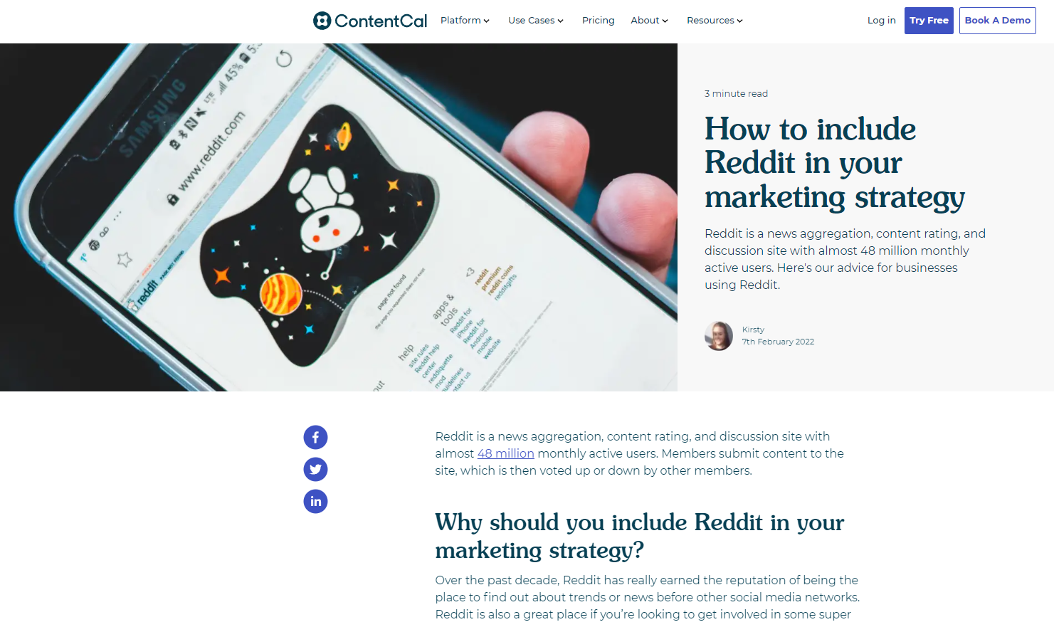 Screenshot of a content cal blog