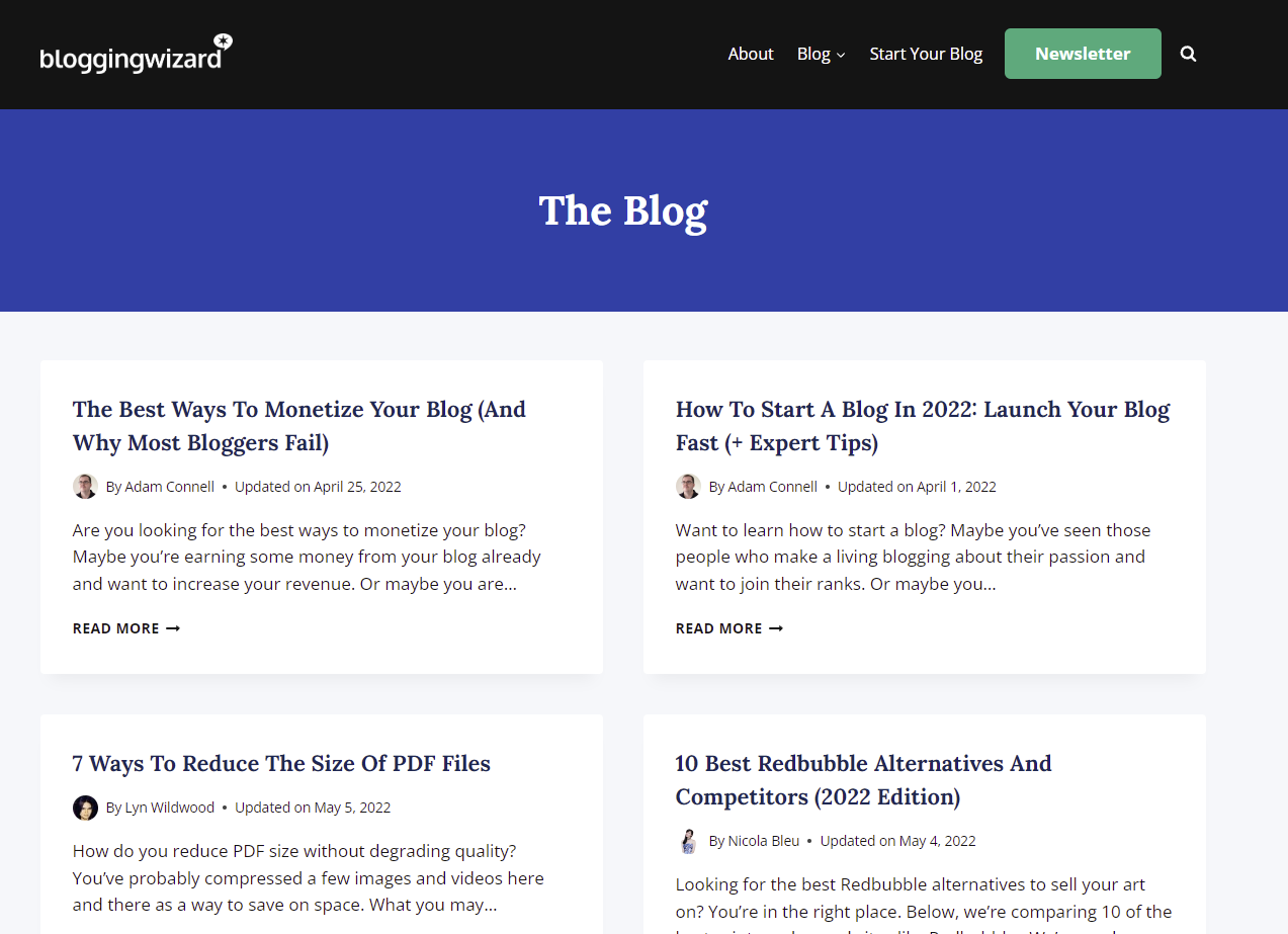 Screenshot of the Blogging Wizard blog