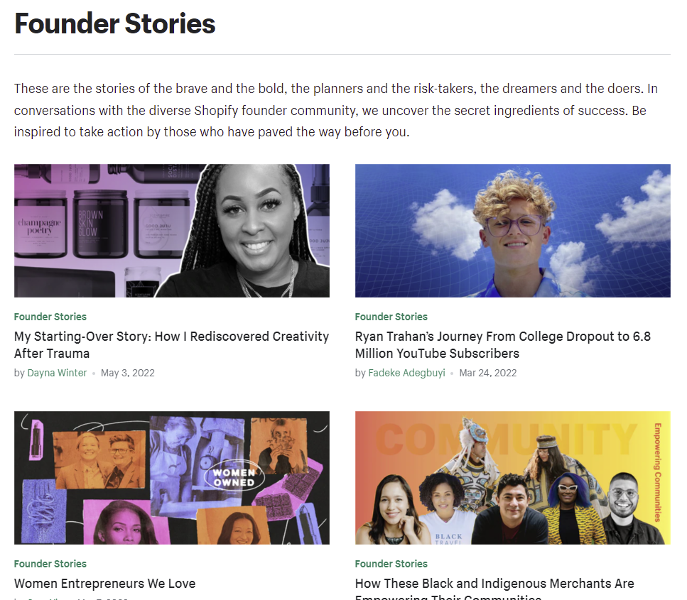 Screenshot of the Founder Stories section on the Shopify blog