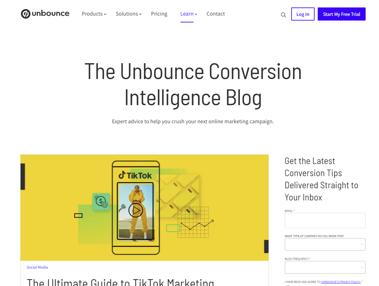 Screenshot of the Unbounce blog