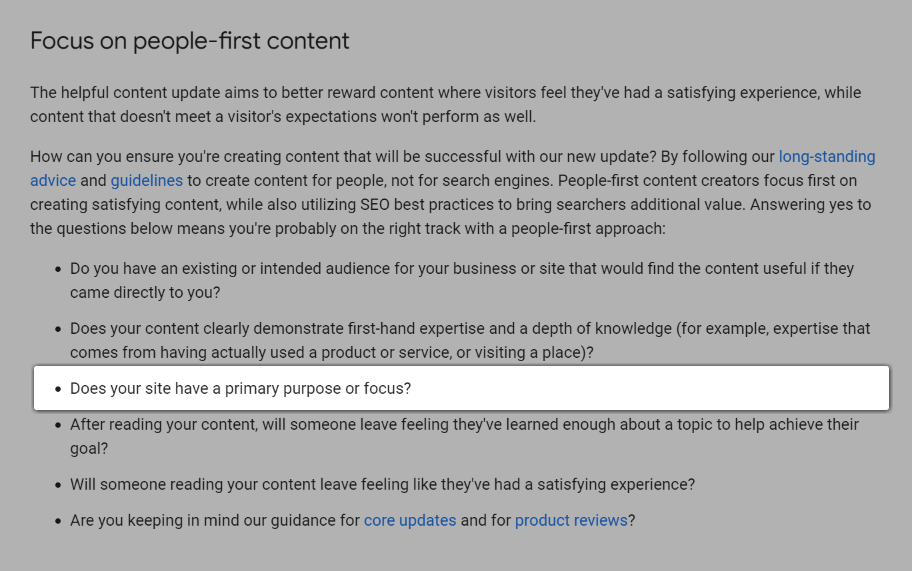 Screenshot of the question, "Does your site have a primary purpose or focus?".