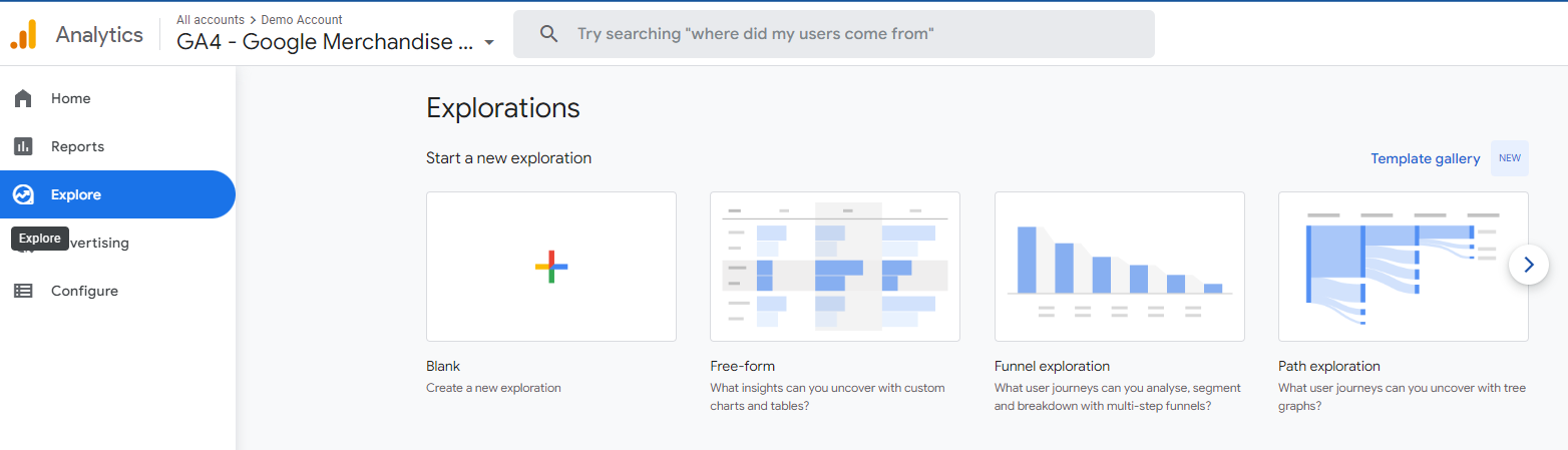 Screenshot of the exploration types in Google Analytics 4. The explore section is accessed from the menu on the left-hand side, by clicking explore. In this screenshot, the path exploration is the fourth option on the Explorations page, on the far right 