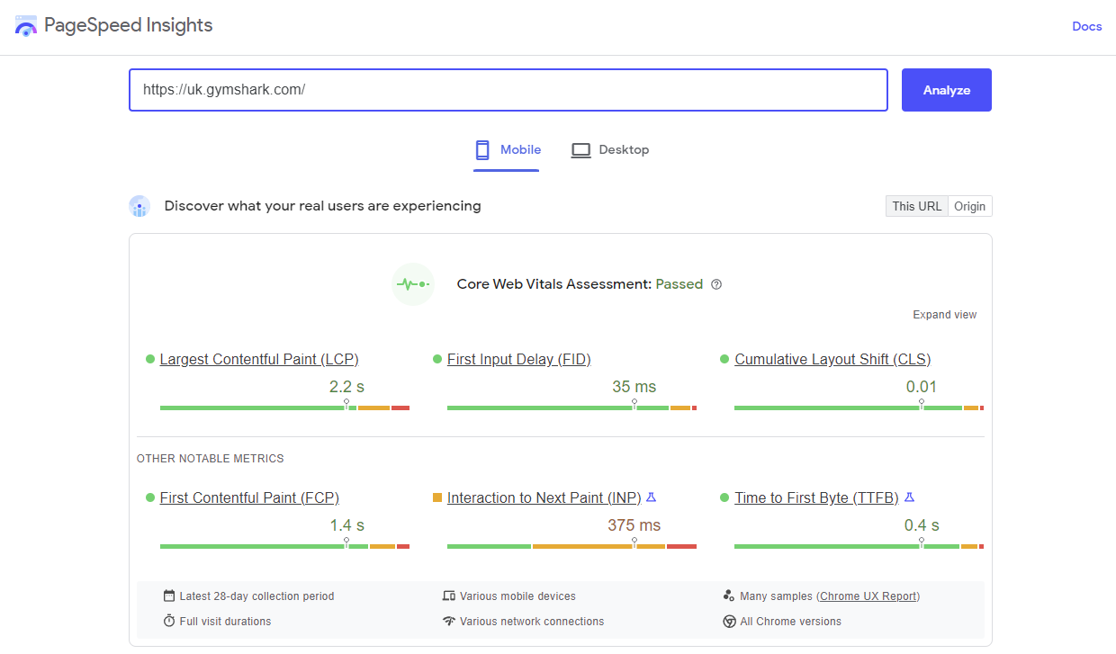 Screenshot of the PageSpeed Insights Tool