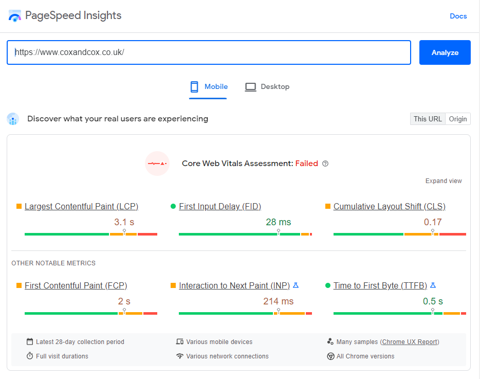 Screenshot of Google's PageSpeed Insights tool