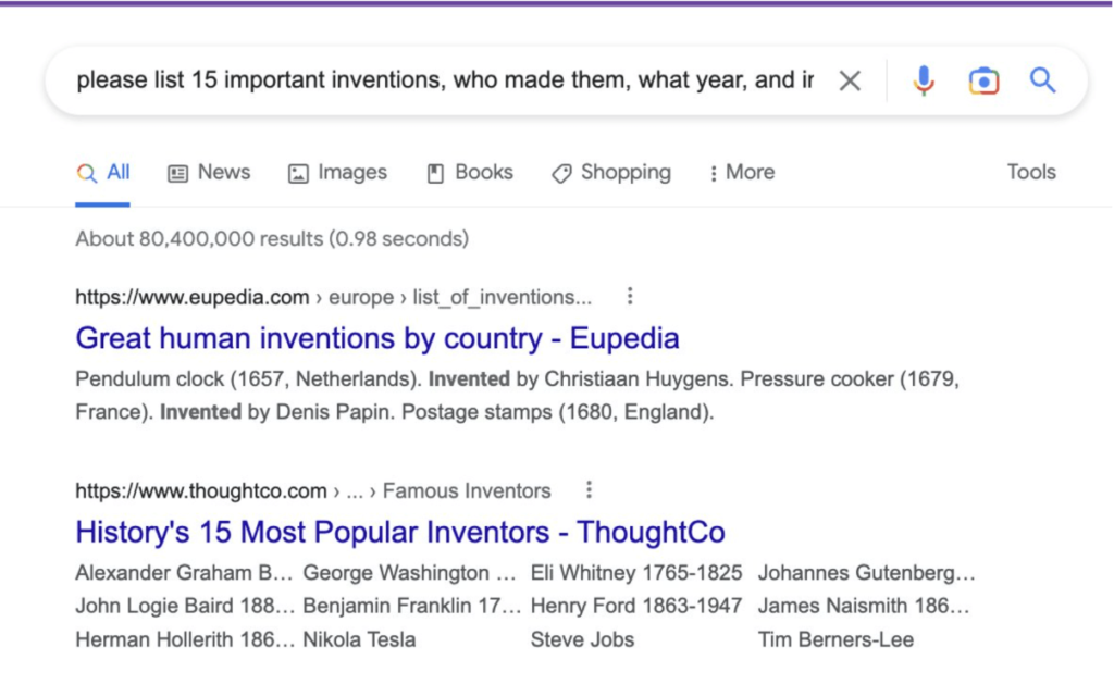 Screenshot of Google search answering a query about important inventions.