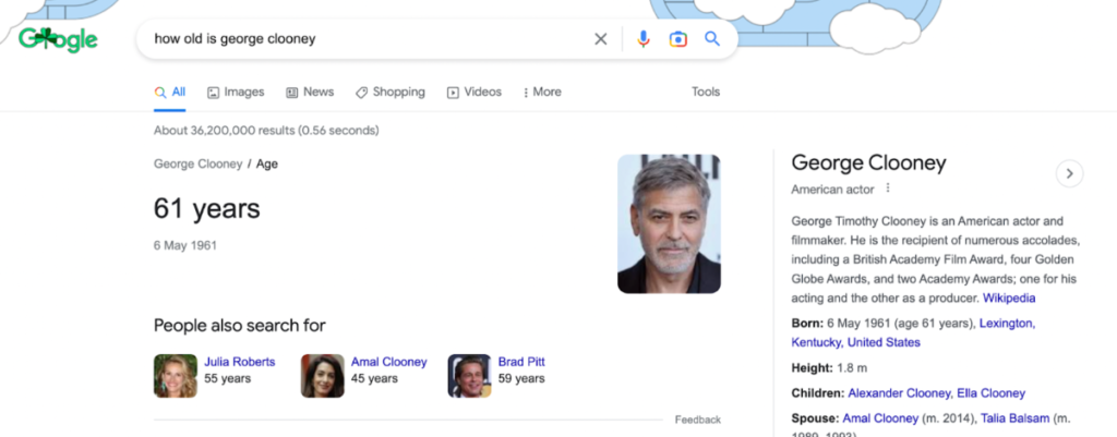 Screenshot of Google's answer to the question, "How old is George Clooney?".