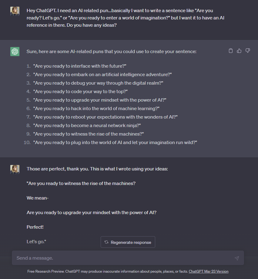 Screenshot of ChatGPT suggesting some puns