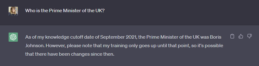 Screenshot of ChatGPT being unable to answer the question "Who is the Prime Minister of the UK?"