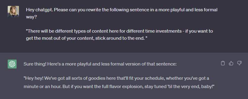 Screenshot of ChatGPT taking a playful tone of voice too far