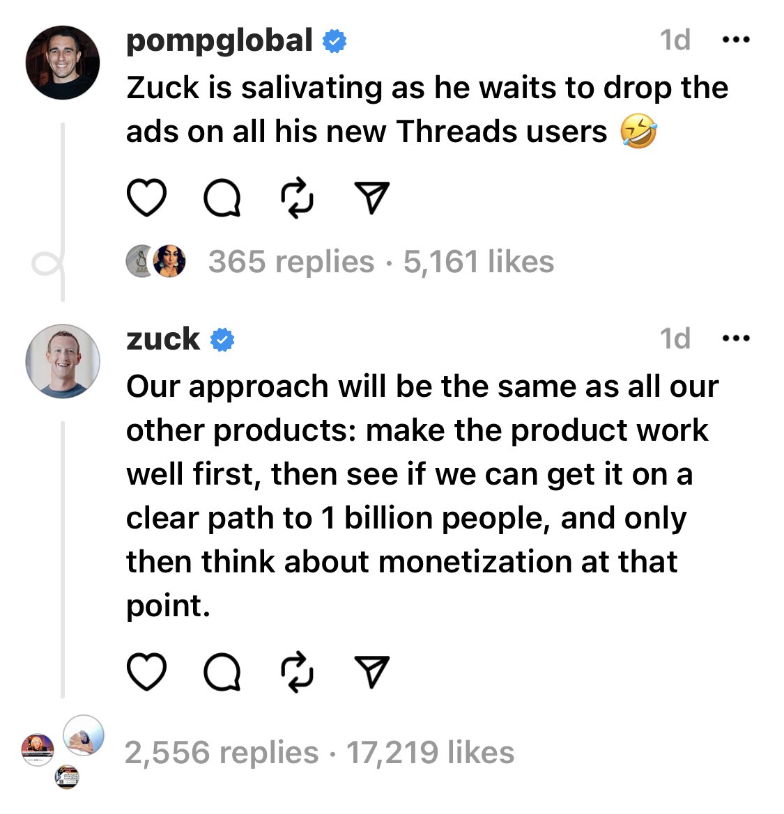 Screenshot of Mark Zuckerberg confirming Threads will not run ads till they have 1 billion users