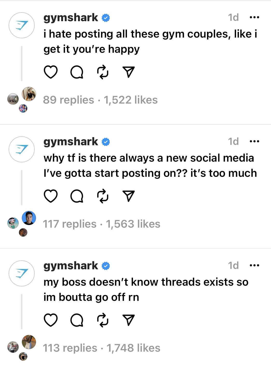 Screenshot of some posts on Threads from Gymshark with a strong tone of voice