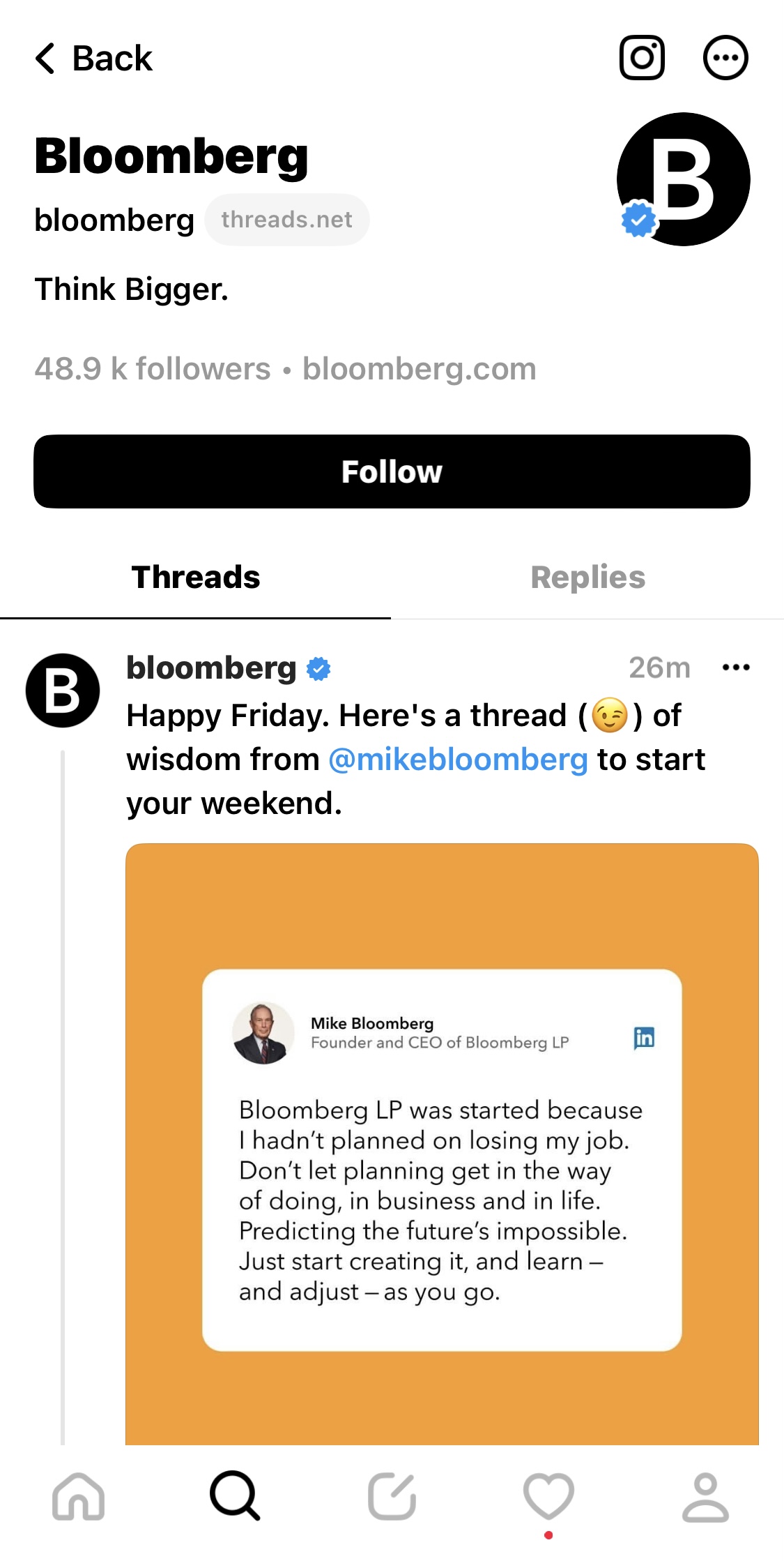 Screenshot of Bloomberg's Threads account
