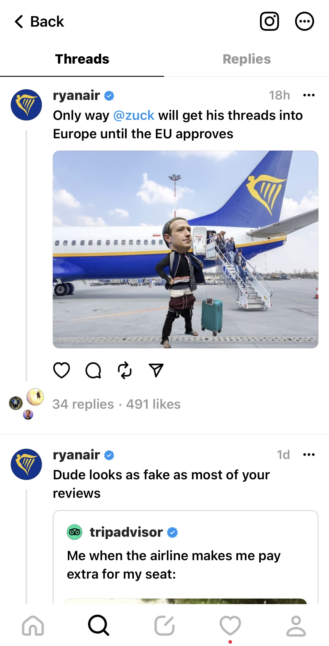Screenshot of Ryanair's posts on Threads