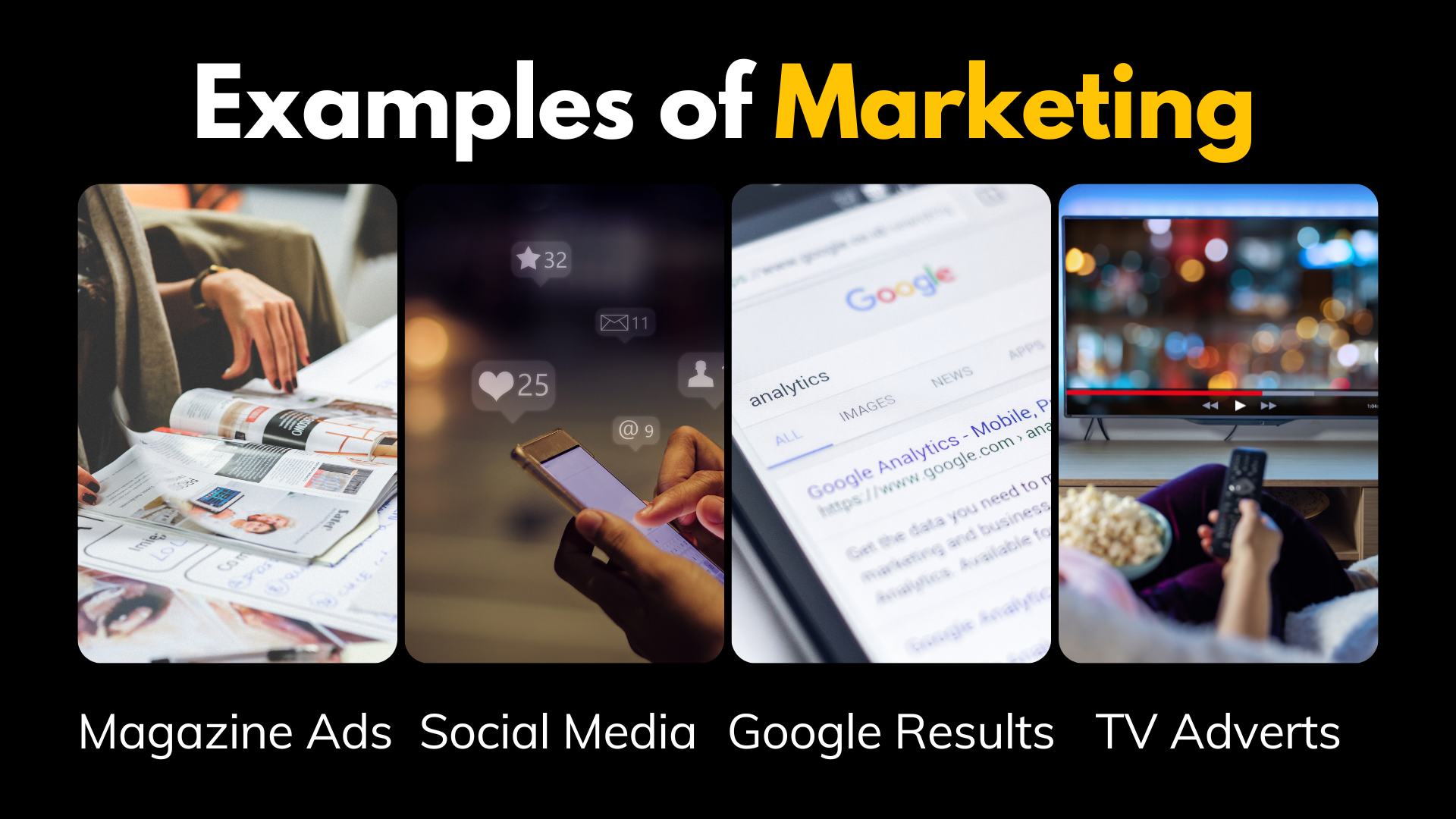 Examples of marketing including magazine ads, social media, google results and tv adverts