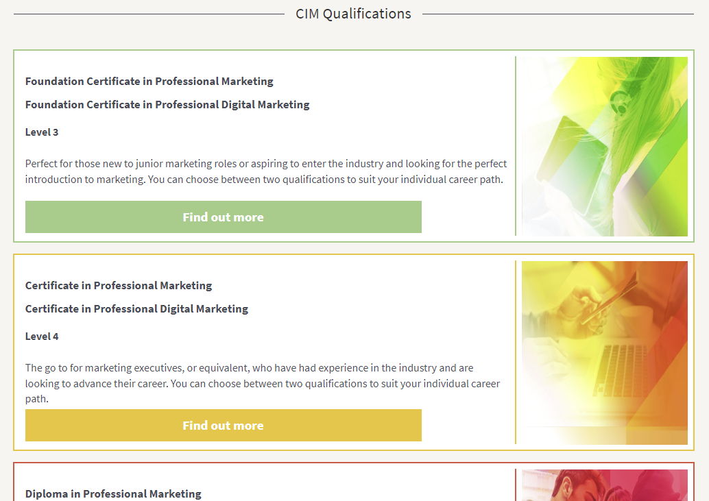 Screenshot of the Chartered Institute of Marketing (CIM) Certifications
