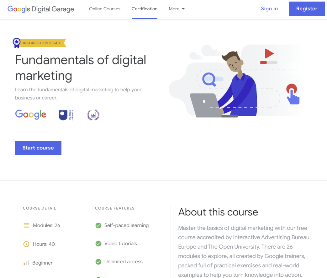 Screenshot of the Google Digital Garage