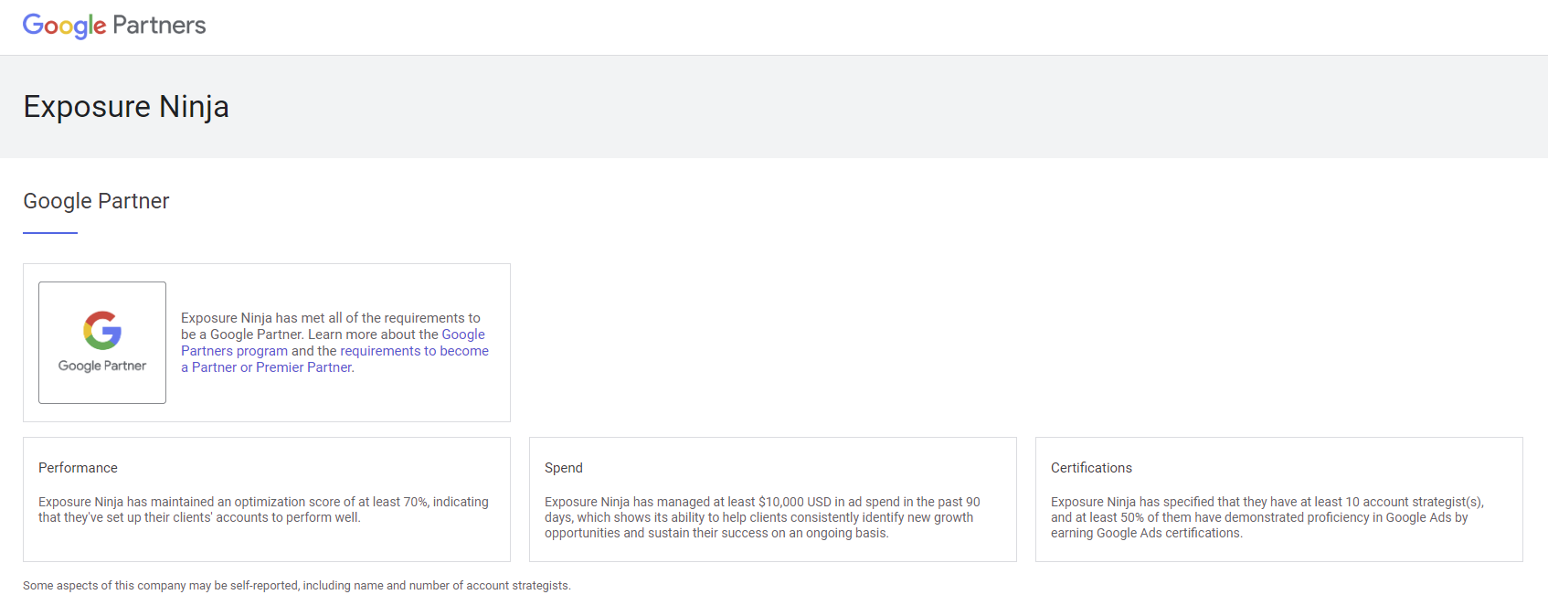 Screenshot of Exposure Ninja's Google Ads Partner certificate