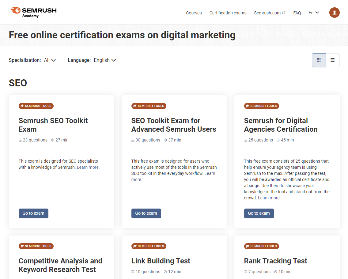 Screenshot of the Semrush Academy