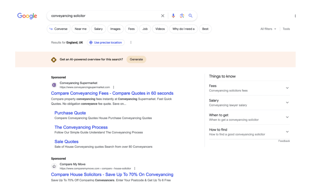 Screenshot of a Google search for "conveyancing solicitor".