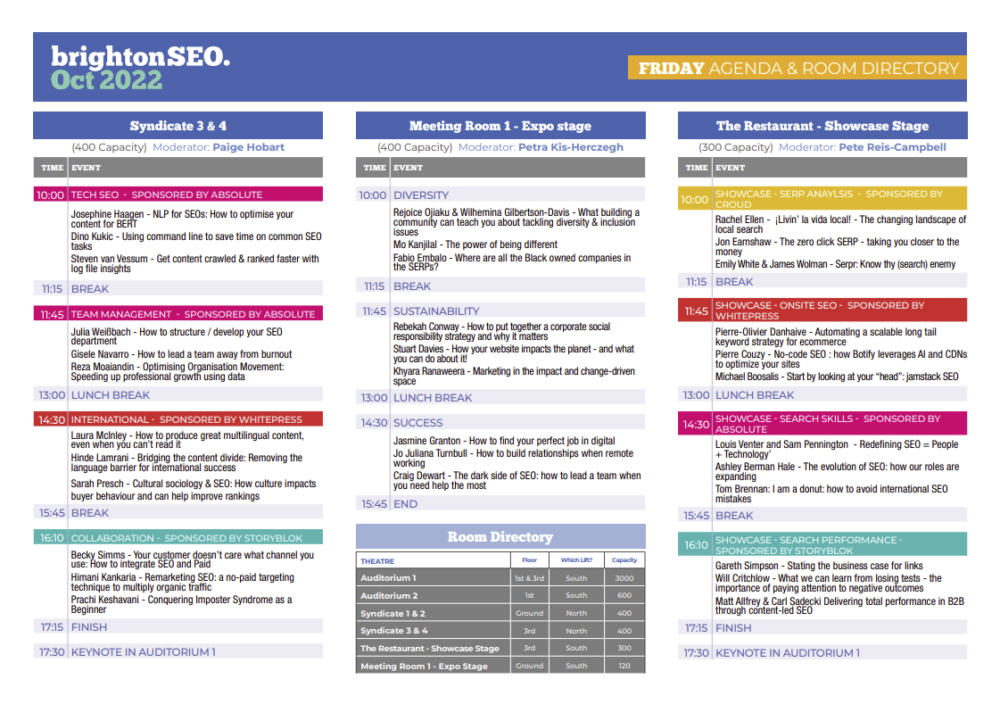Screenshot of the Brighton SEO event schedule. There are lots of events across several days