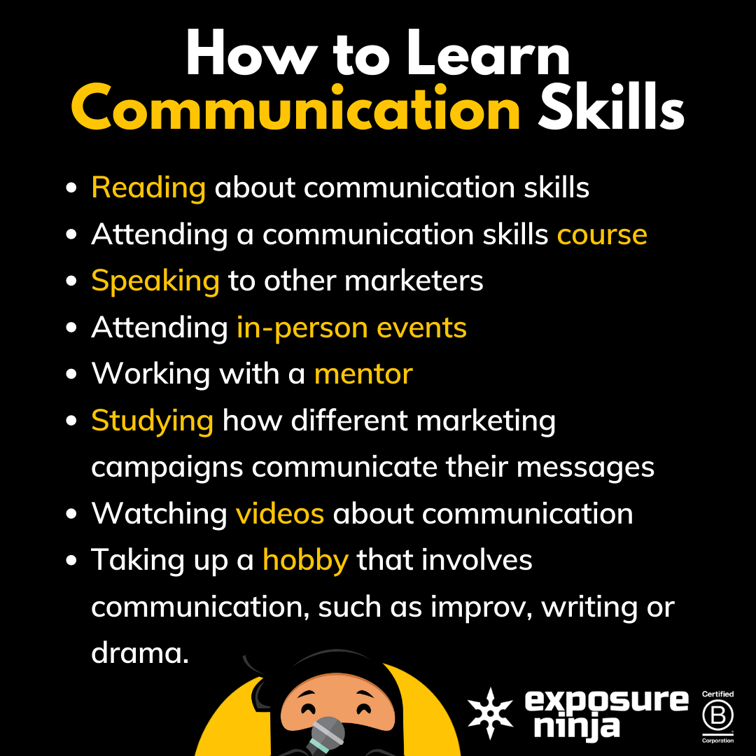 Graphic on how to learn communication skills, listing the same points as above
