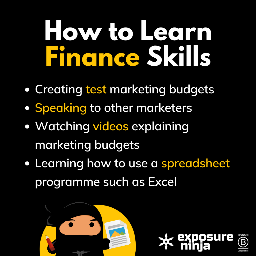 Graphic on how to learn finance skills, listing the same points as above
