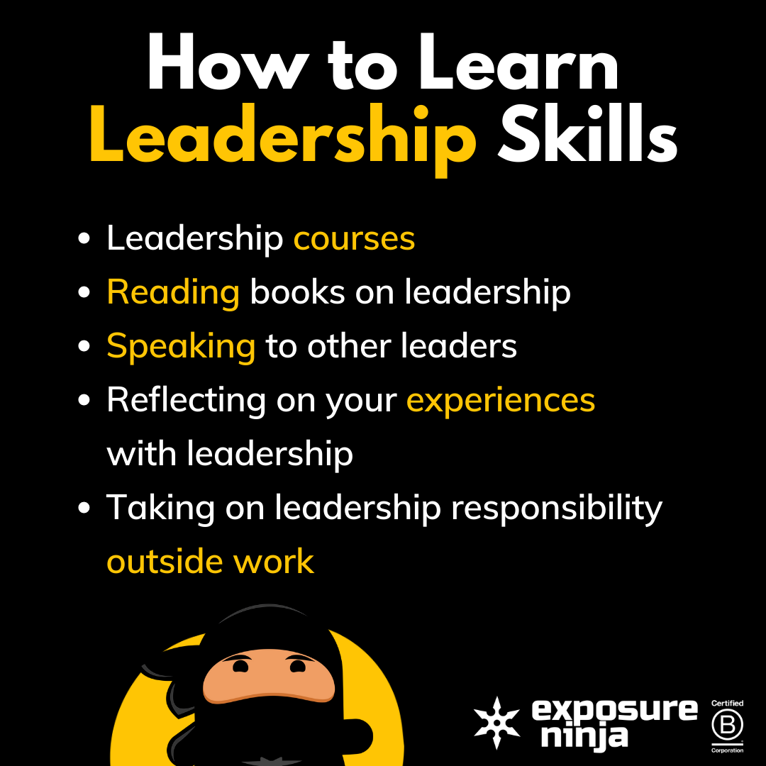 Graphic on how to learn leadership skills, listing the same points as above