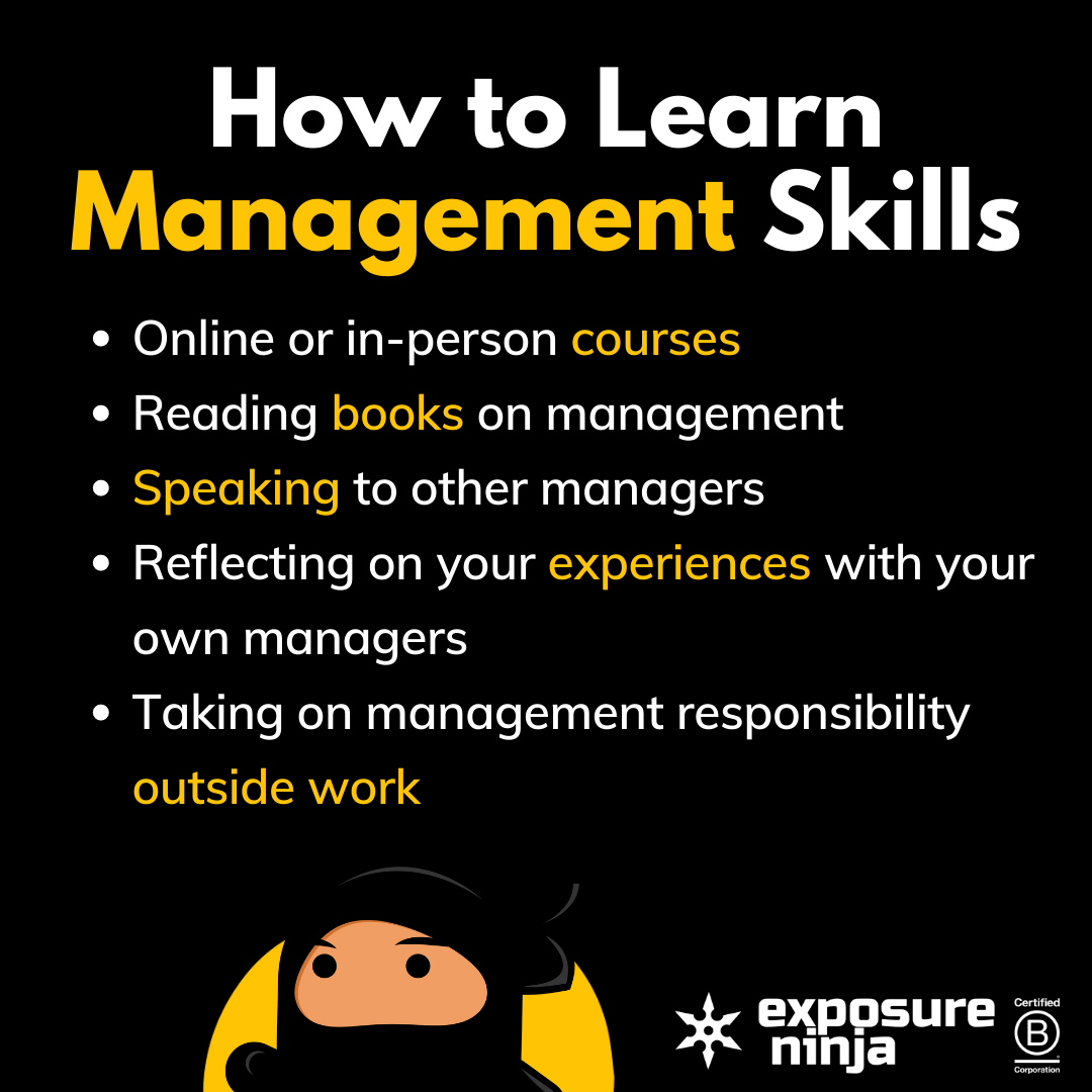 Graphic on how to learn management skills, listing the same points as above