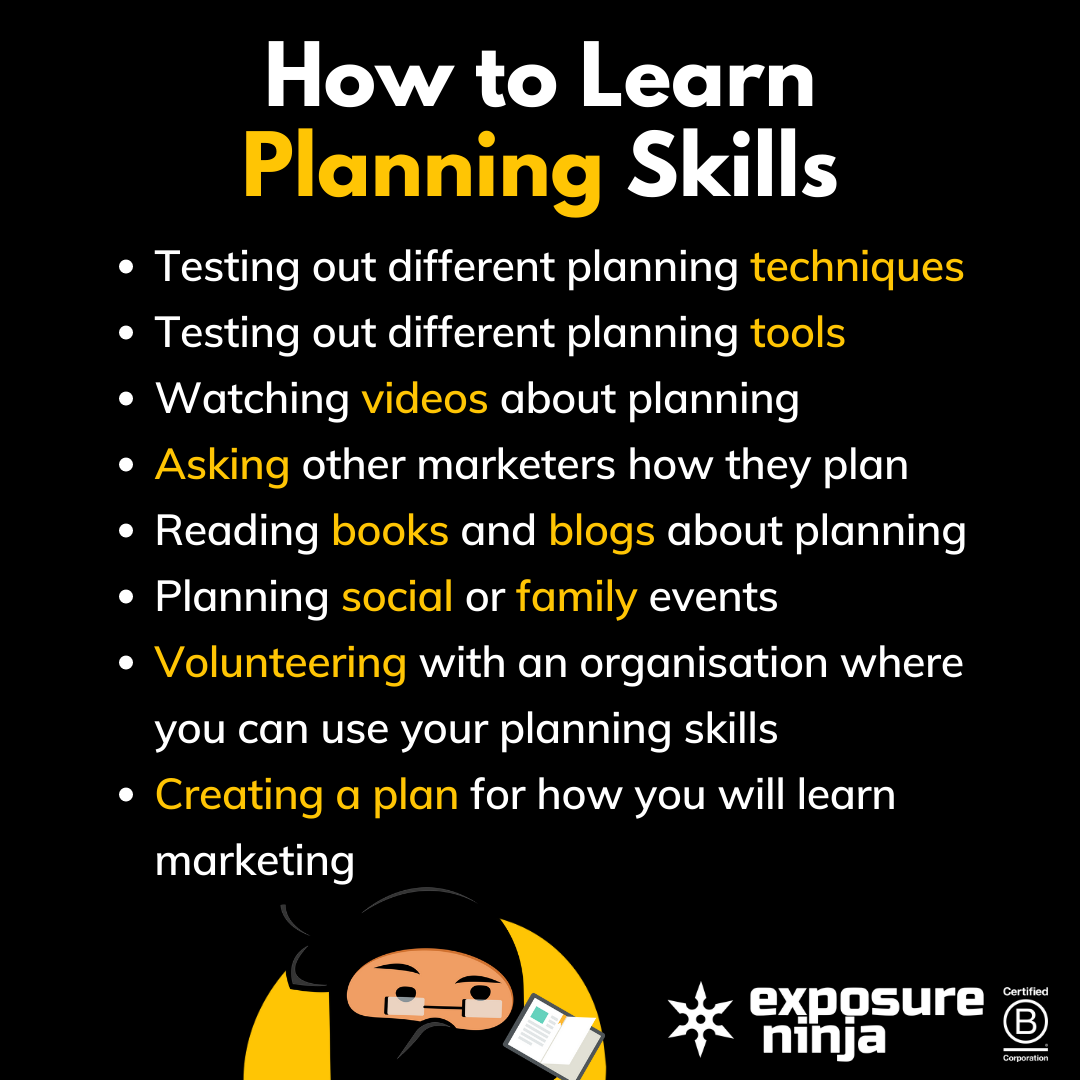 Graphic on how to learn planning skills, listing the same points as above