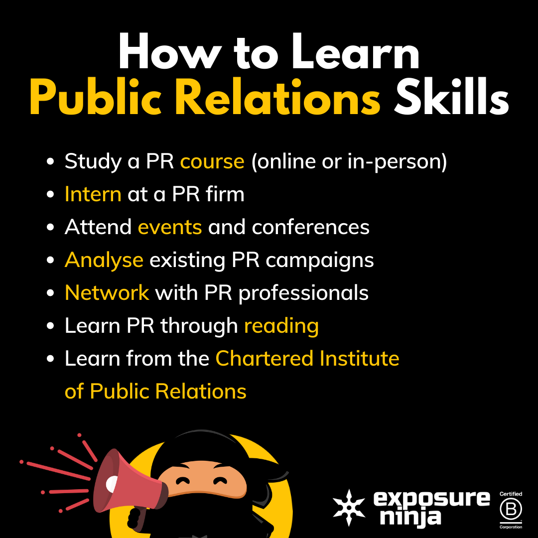 Graphic on how to learn public relations skills, listing the same points as above