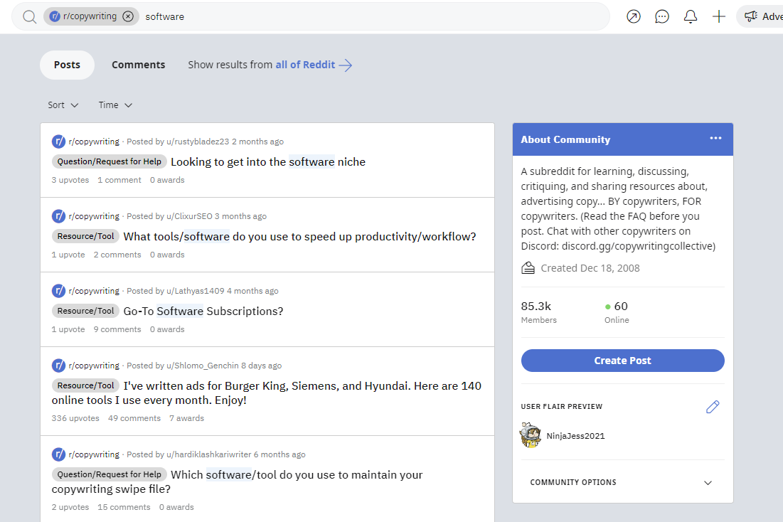 Screenshot of a search for "software" in the r/copywriting subreddit