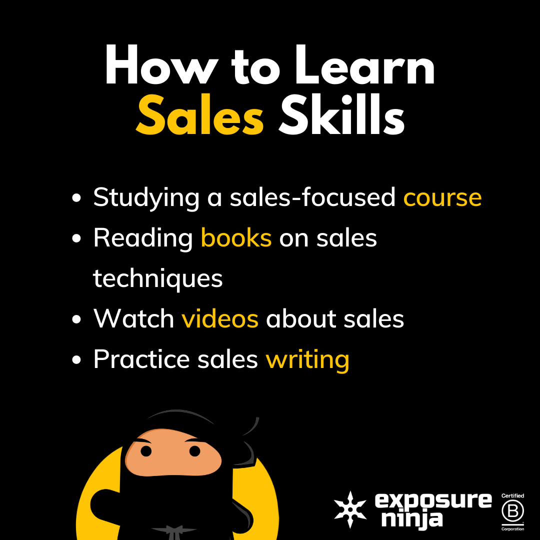 Graphic on how to learn sales skills, listing the same points as above