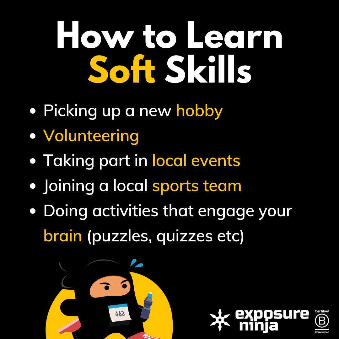 Graphic on how to learn soft skills, listing the same points as above