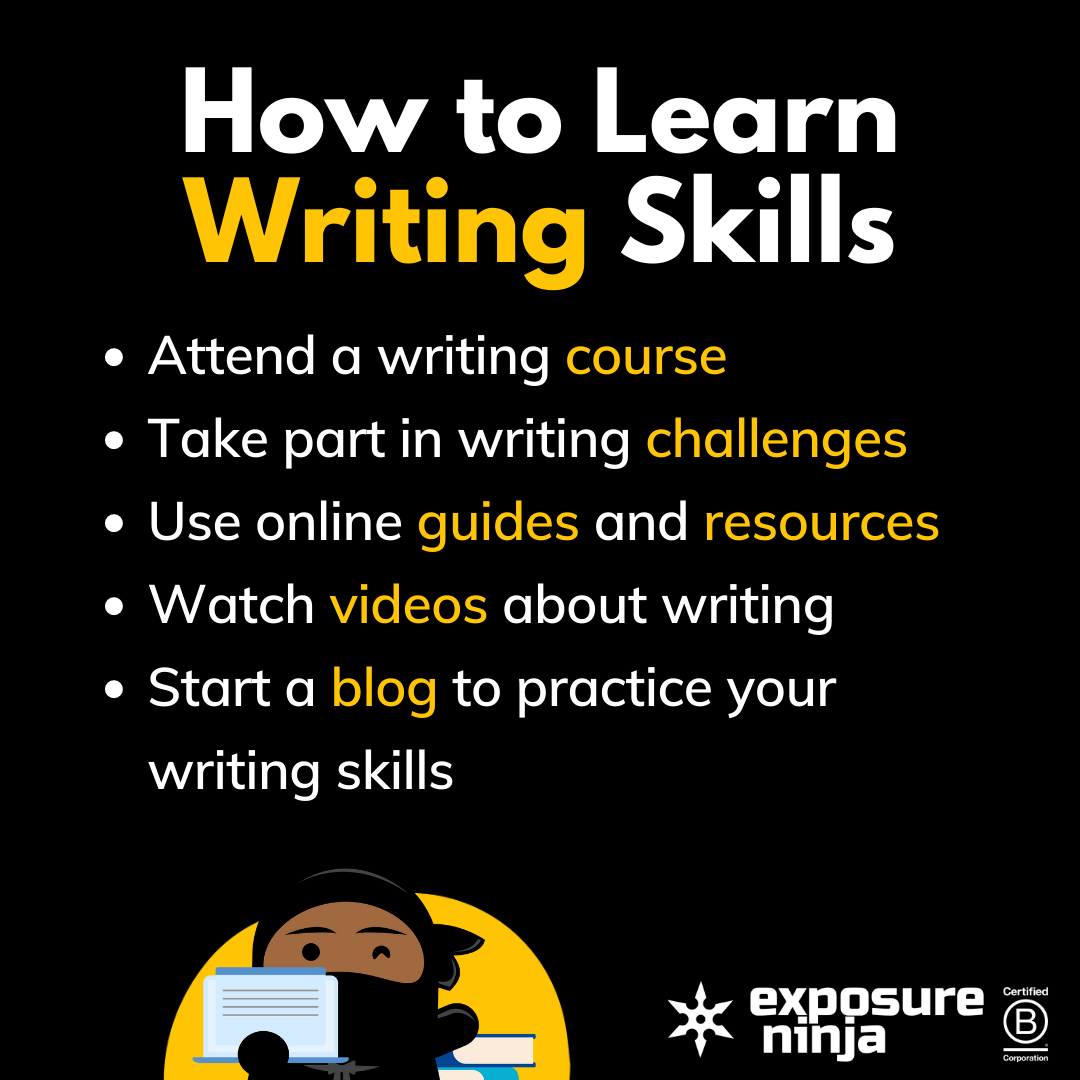 Graphic on how to learn writing skills, listing the same points as above