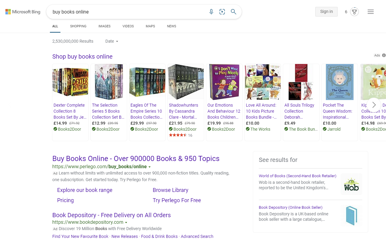 Screenshot of ads in Bing search