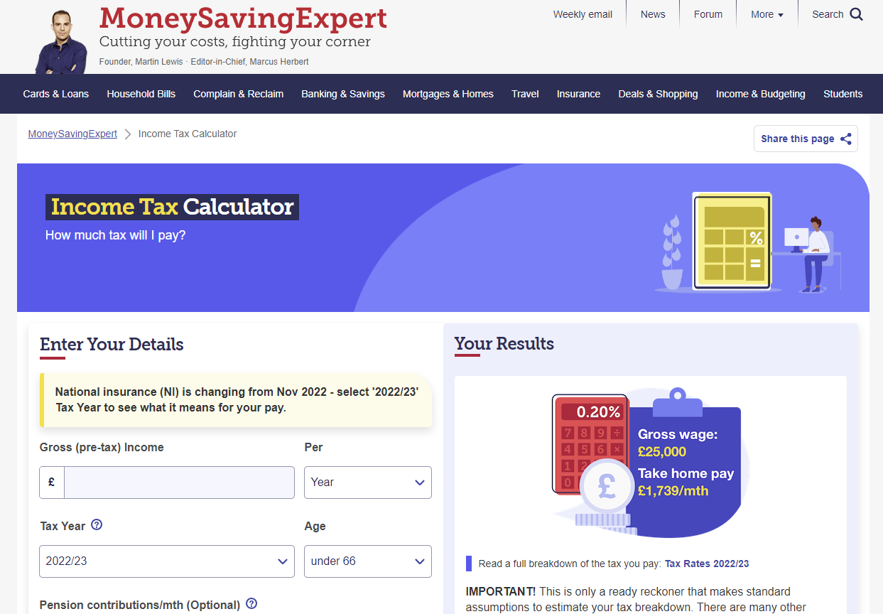 Screenshot of an income tax calculator