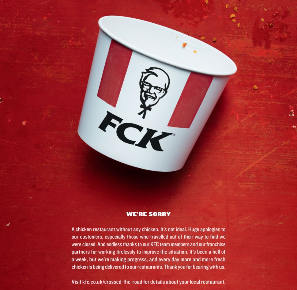 Screenshot of a KFC ad. The ad is an apology, with the letters "FCK" written on a KFC bucket