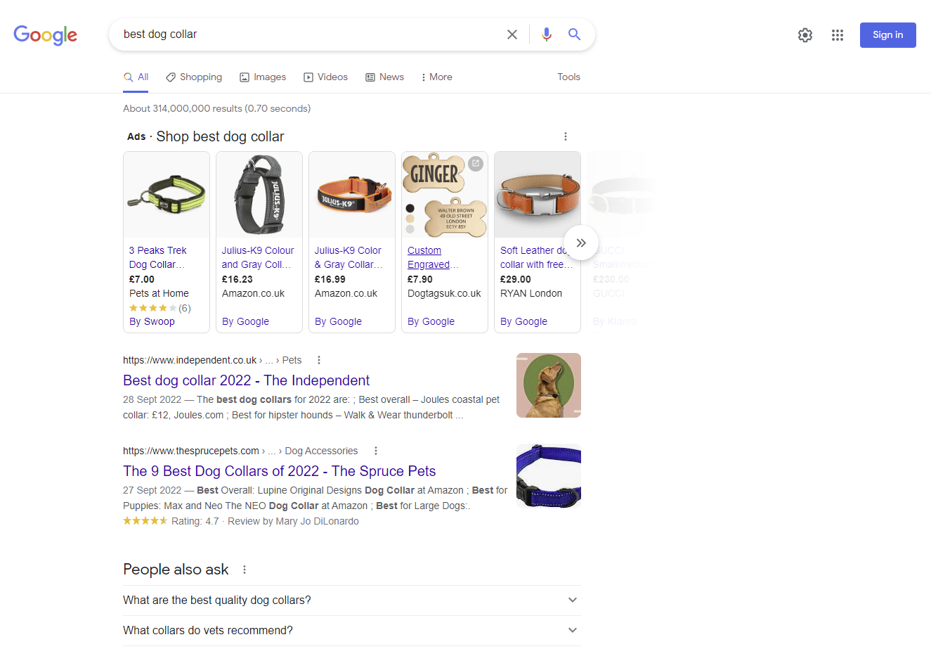 screenshot of a Google search for "best dog collar"