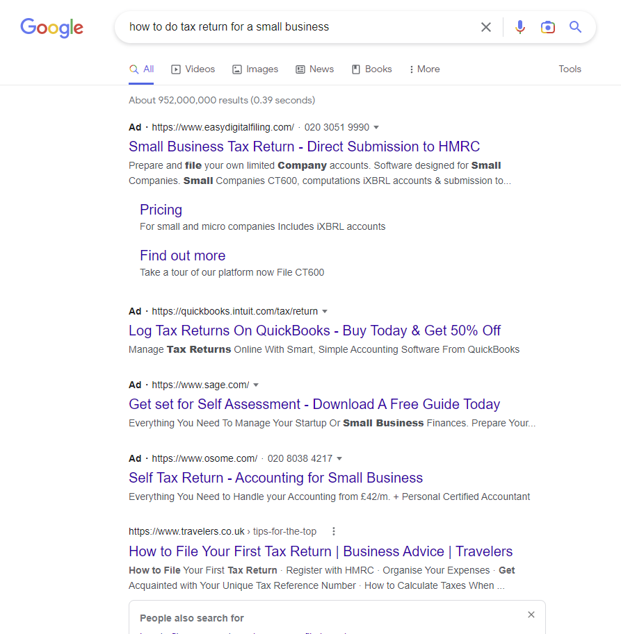 Screenshot of a google search for "how to do a tax return for a small business"